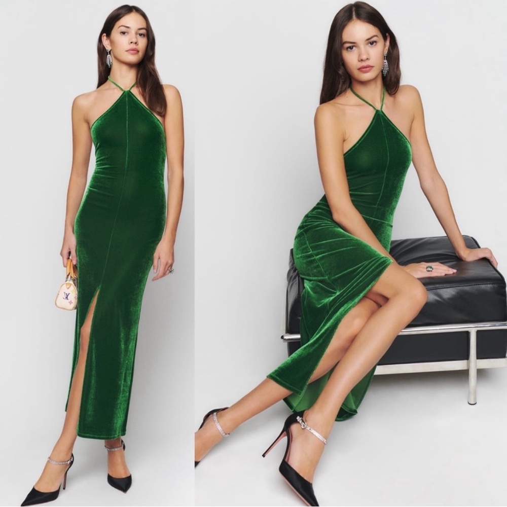 Reformation Green Velvet Halter Dress